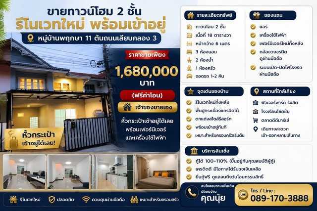 ขายทาวน์โฮม 2 ชั้น รีโนเวทใหม่ พร้อมเข้าอยู่ หมู่บ้านพฤกษา 11 ต้นถนนเลียบคลอง 3