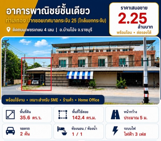 ขายห้องแถวตึกอาคารพาณิชย์ 1คูหา 1ชั้น 1นอน1น้ำ 35.6ตรว. 2.25ลบ. ทำเลธุรกิจ ใกล้แยกบางกระจับ ติดถนนเพชรกษม4เลน ต.หนองอ้อ อ.บ้านโป่ง ราชบุรี