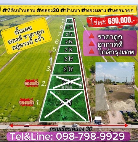 ที่ดินบ้านสวน คลอง30 บ้านนา ทองหลาง นครนายก ถูกมากไร่ละ 680000.- เท่านั้น