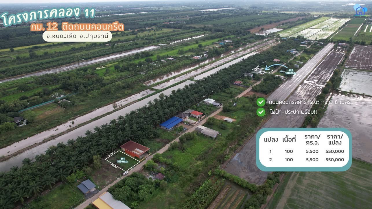 ขายที่ดินคลอง 11 ขนาดแปลงละ 100 ตารางวา อ.หนองเสือ จ.ปทุมธานี