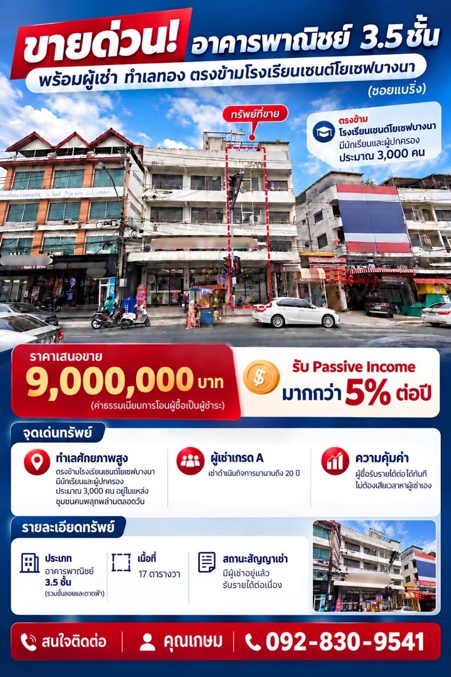 ขายตึก 3.5 ชั้น พร้อมผู้เช่า ตรงข้าม รร.เซนต์โยเซฟ ทำเลทองแบริ่ง (7-11) ซื้อแล้วรับรายได้ค่าเช่าต่อได้ทันที โทร 092-8309541