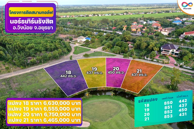 ขายที่ดินติด Northern Rangsit Golf Club แปลง 19 เนื้อที่ 437 ตร.วา วังน้อย อยุธยา ราคา 6.555 ล้านบาท