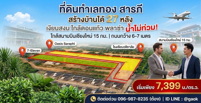 ที่ดิน สารภีเชียงใหม่ แหล่งชุมชน น้ำไม่ท่วม สร้างบ้านได้29หลัง ถนนคอนกรีตวว้าง6-7 เมตร ห่างจากอ.เมือง 10 กิโลเมตร